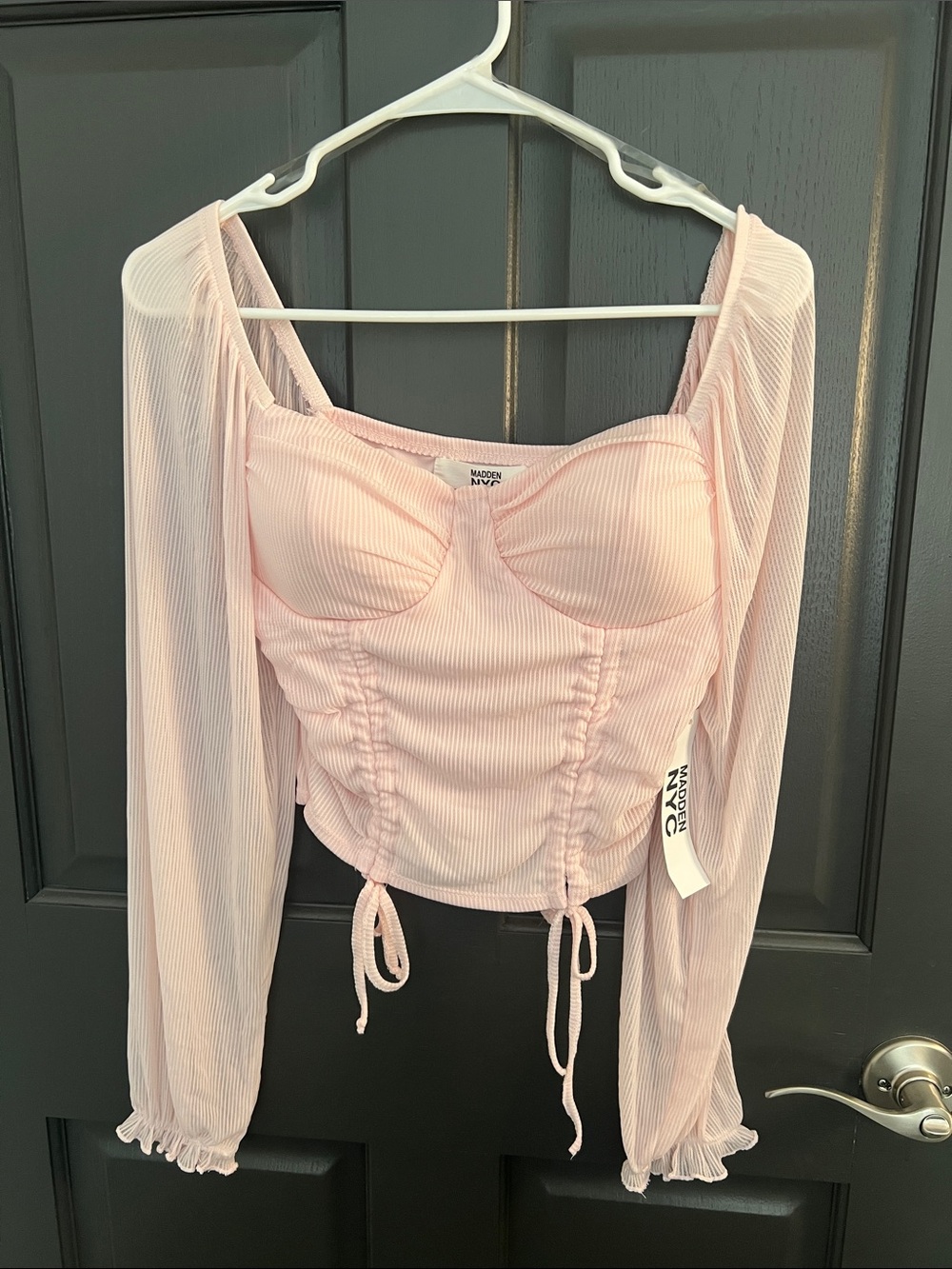 NWT Madden NYC Pink Ruched Bustier peasant Top size Medium sheer sleeves